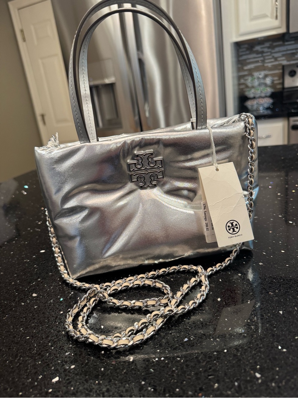 NWT -Tory Burch Britten Puffy Metallic Silver Crossbody Tote